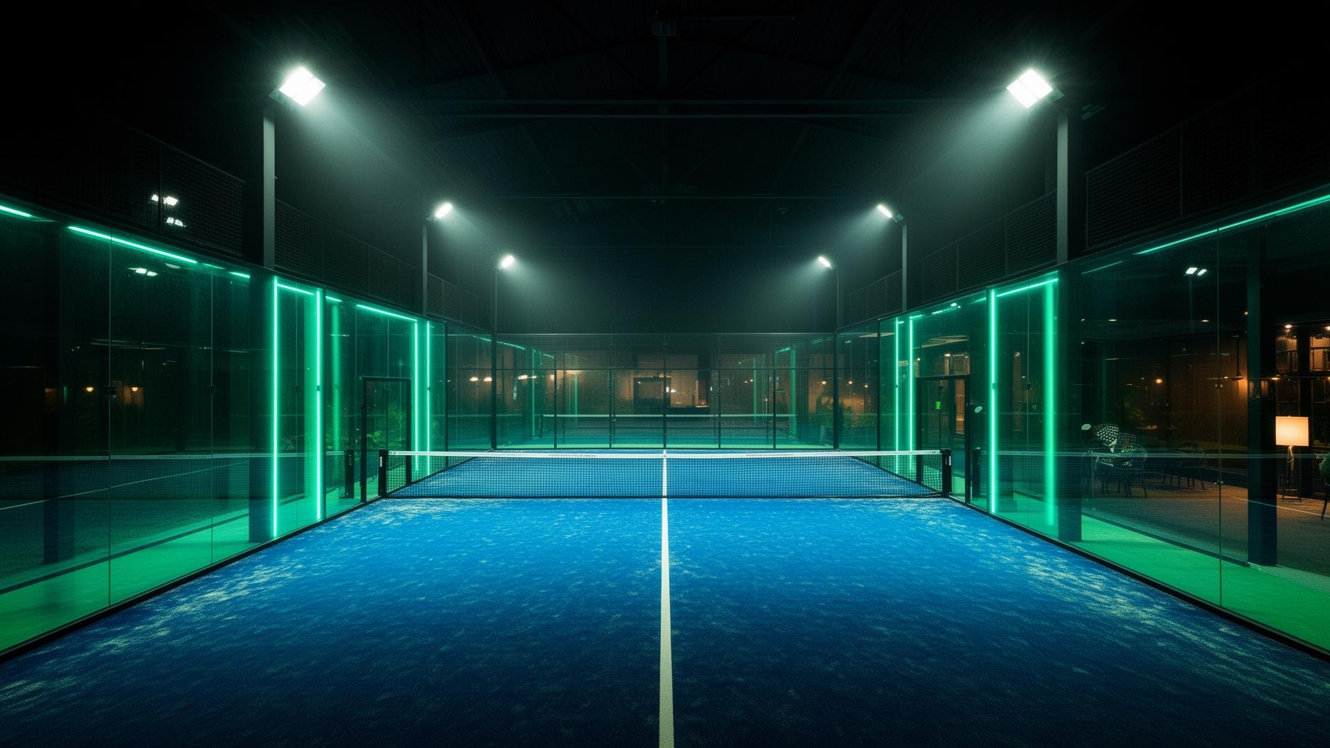 Modern indoor padel & pickleball court at night